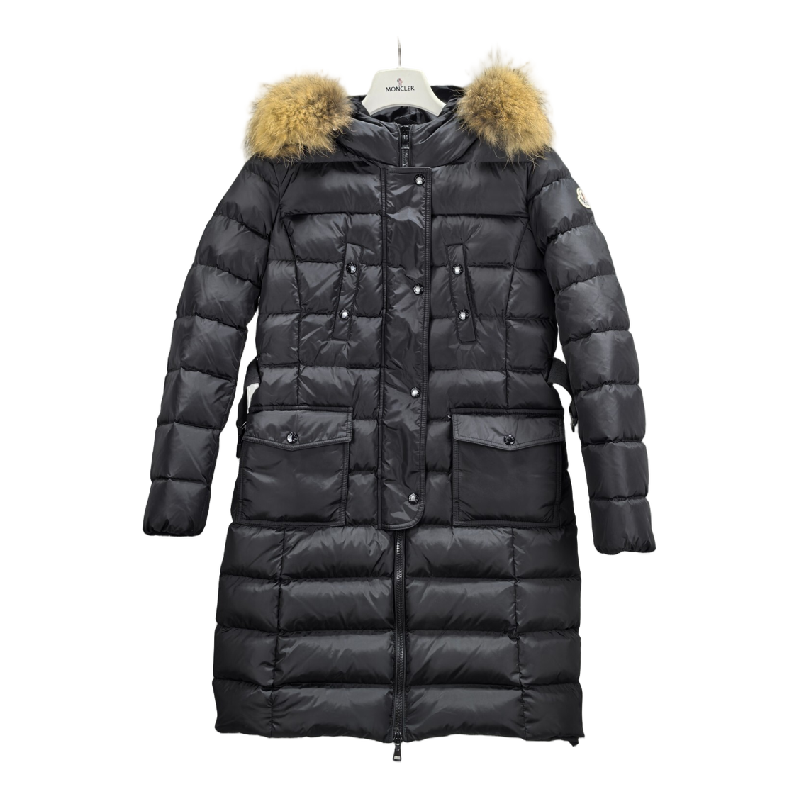 Moncler Four-Pocket Fur-Trim Hooded Long Down Puffer Coat – Black