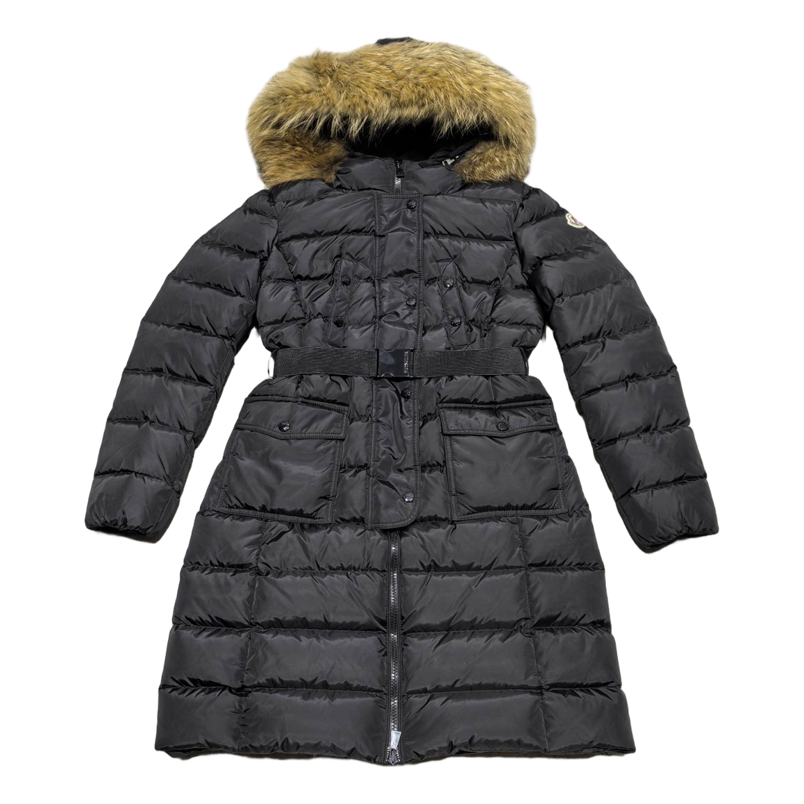 Moncler Four-Pocket Fur-Trim Hooded Long Down Puffer Coat – Black