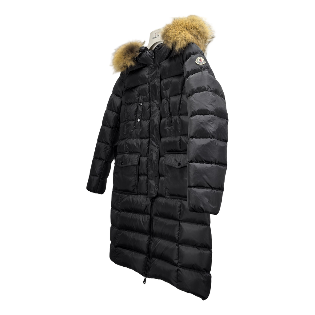 Moncler Four-Pocket Fur-Trim Hooded Long Down Puffer Coat – Black
