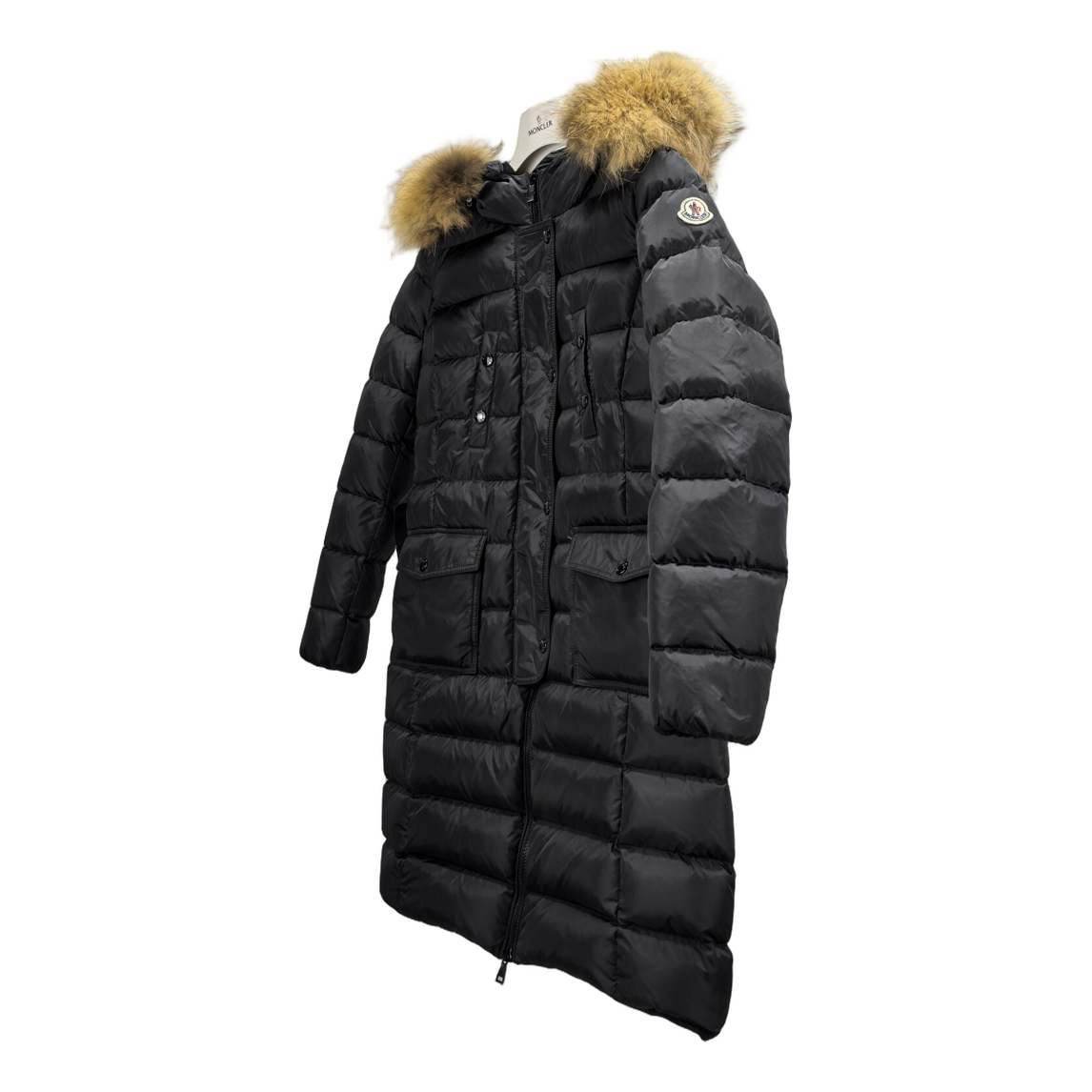 Moncler Four-Pocket Fur-Trim Hooded Long Down Puffer Coat – Black
