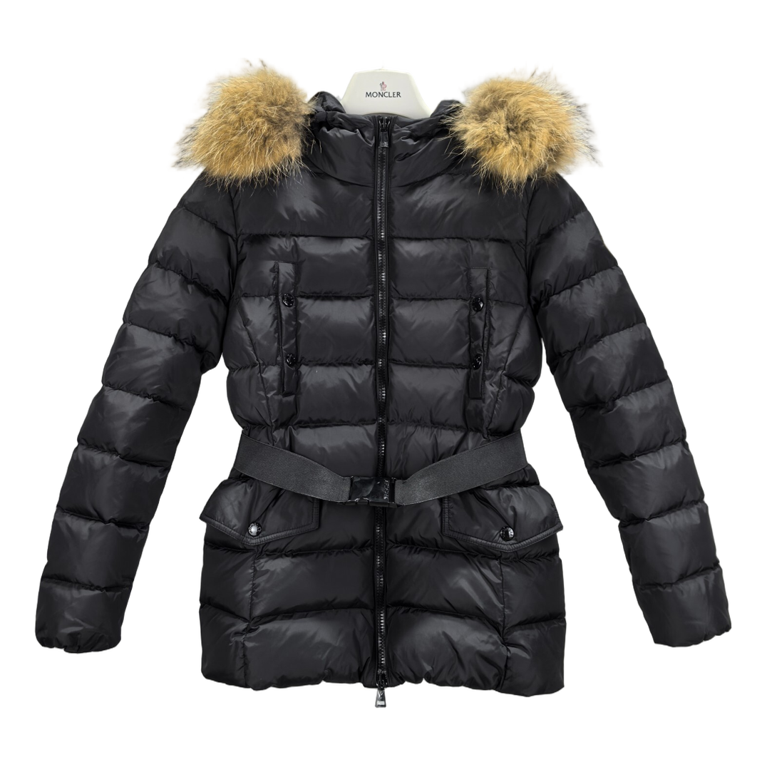 Moncler Four-Pocket Belted Fur-Trim Down Puffer Jacket – Black