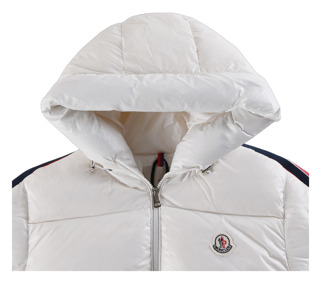 Moncler Tricolour Sleeve-Stripe Hooded Down Puffer Jacket – White