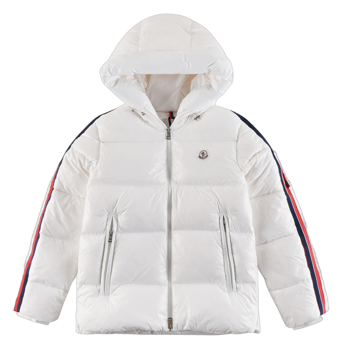 Moncler Tricolour Sleeve-Stripe Hooded Down Puffer Jacket – White