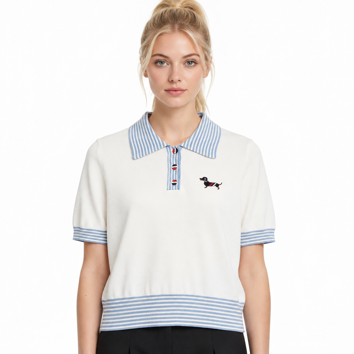 New Puppy-Embroidered Knitted T-Shirt