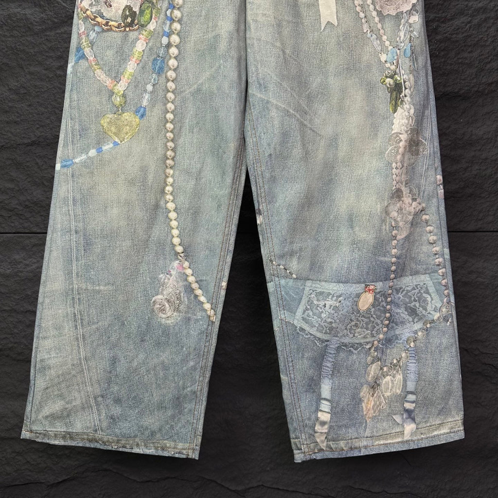 Acne Studios Vintage Pearl‑Lace Print Wide‑Leg Jeans