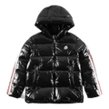 Moncler Tricolour Sleeve-Stripe Glossy Hooded Down Puffer Jacket