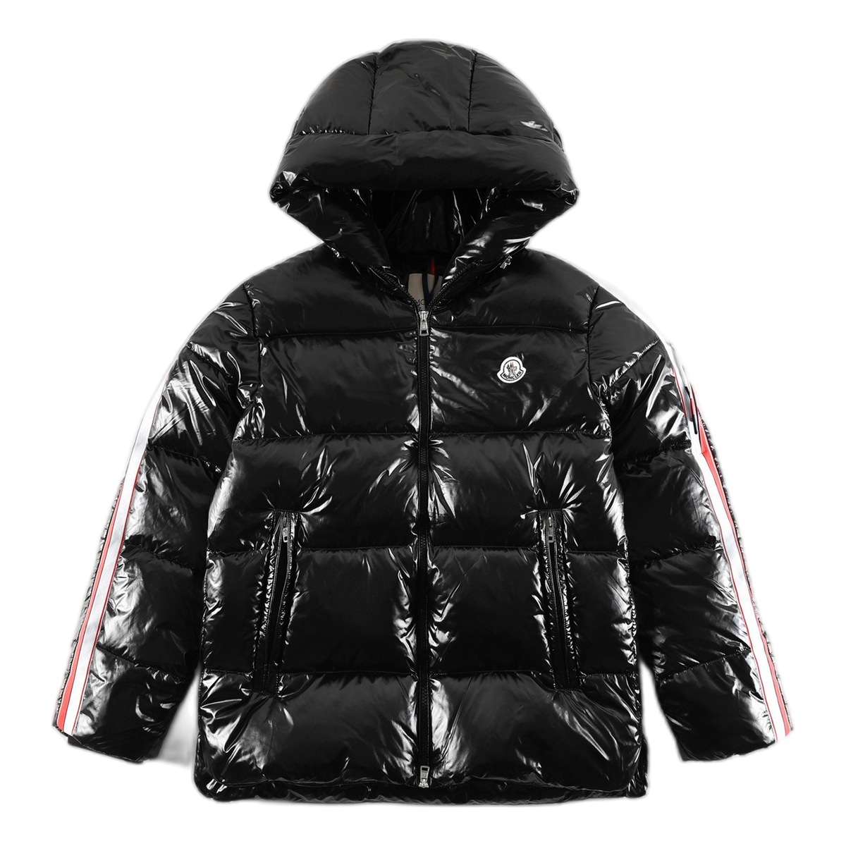 Moncler Tricolour Sleeve-Stripe Glossy Hooded Down Puffer Jacket