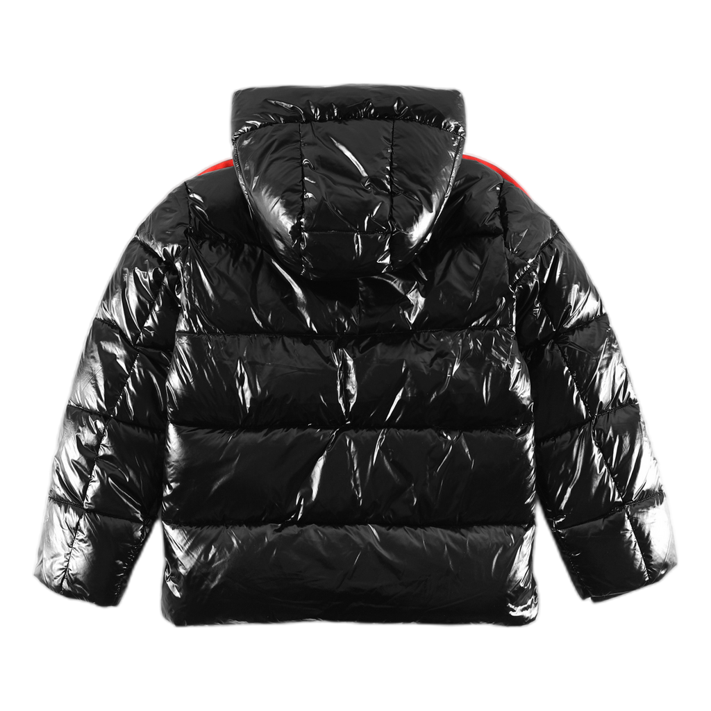 Moncler Tricolour Sleeve-Stripe Glossy Hooded Down Puffer Jacket