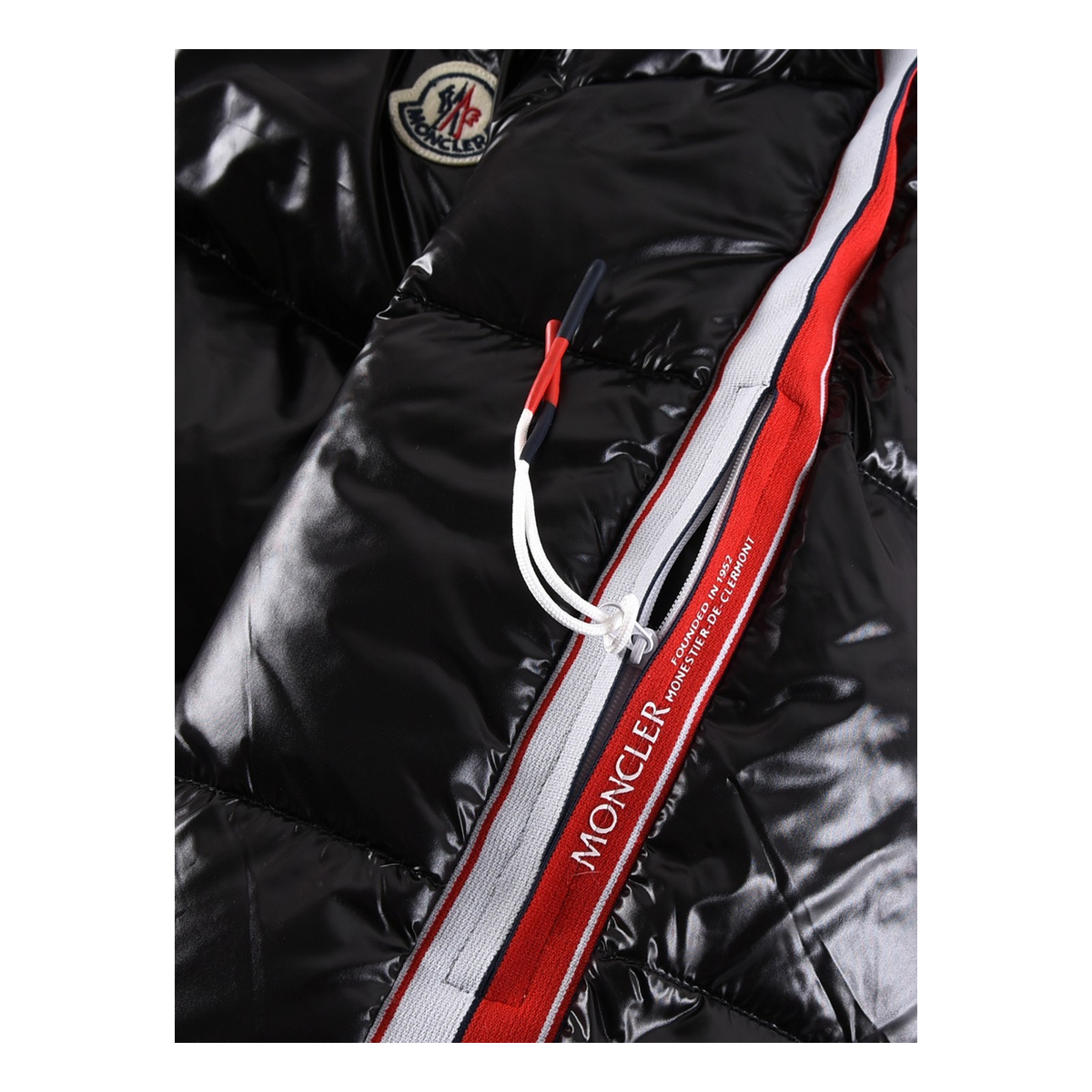 Moncler Tricolour Sleeve-Stripe Glossy Hooded Down Puffer Jacket