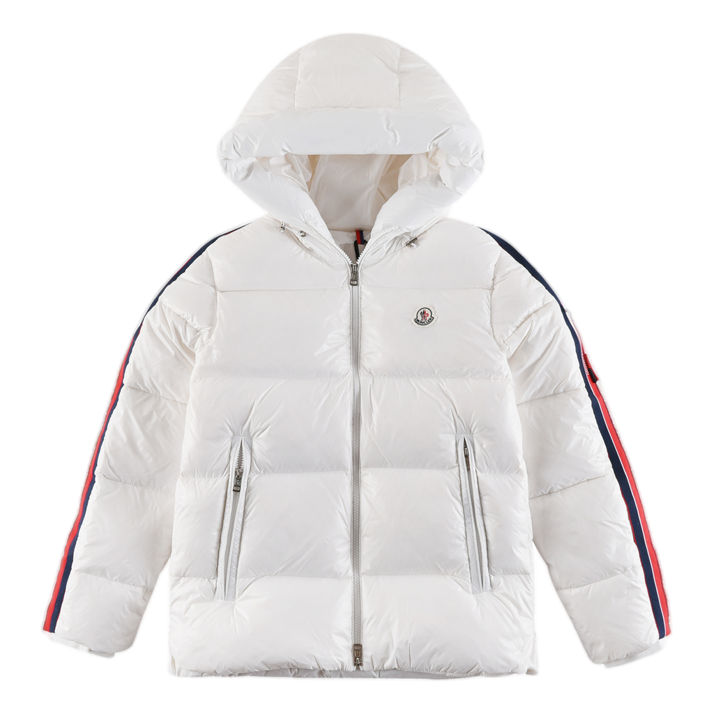 Moncler Tricolour Sleeve-Stripe Glossy Hooded Down Puffer Jacket