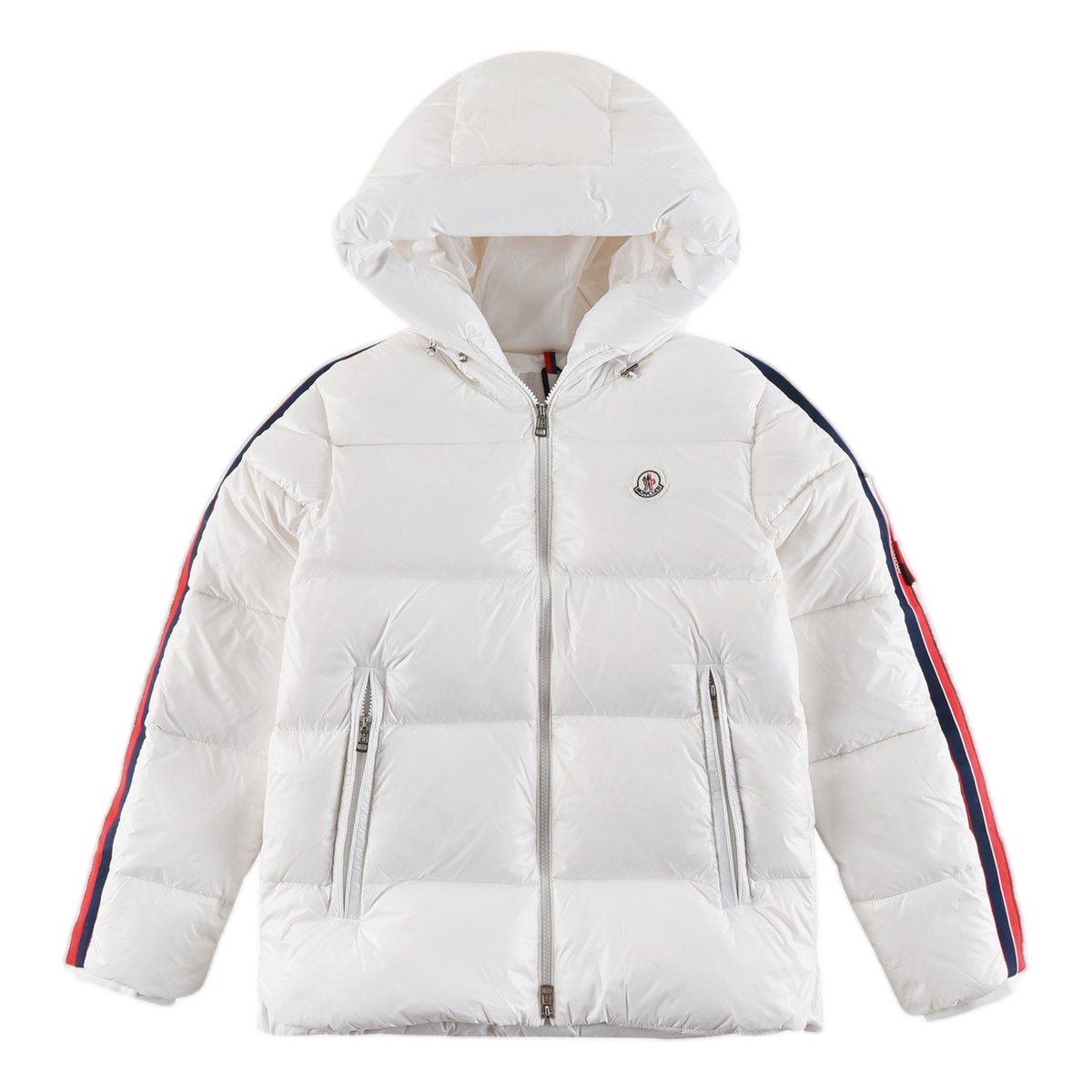 Moncler Tricolour Sleeve-Stripe Glossy Hooded Down Puffer Jacket