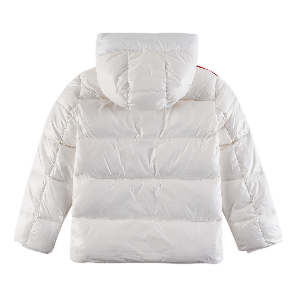 Moncler Tricolour Sleeve-Stripe Glossy Hooded Down Puffer Jacket