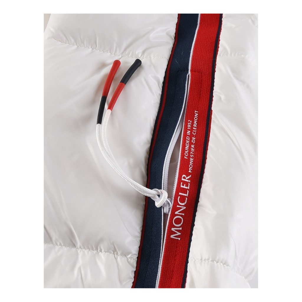 Moncler Tricolour Sleeve-Stripe Glossy Hooded Down Puffer Jacket