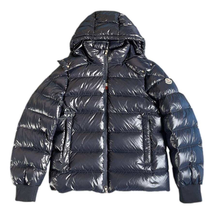 Moncler Glossy Logo-Zip Hooded Down Puffer Jacket – Navy