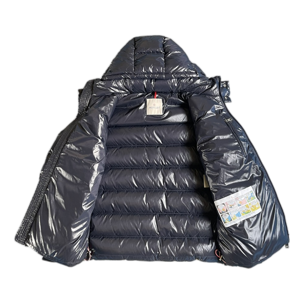 Moncler Glossy Logo-Zip Hooded Down Puffer Jacket – Navy