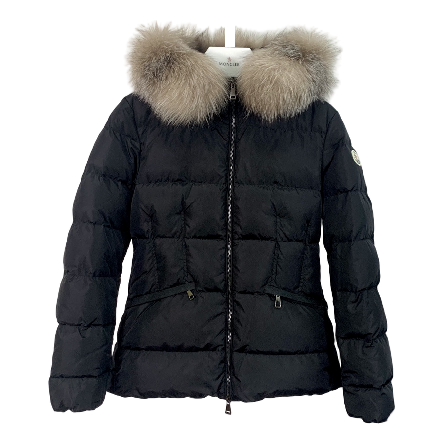 Moncler Cinched-Waist Fur-Trim Hooded Down Puffer Jacket – Black