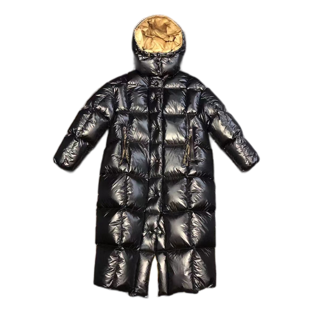 Moncler Gold-Lined Glossy Long Down Puffer Coat – Black