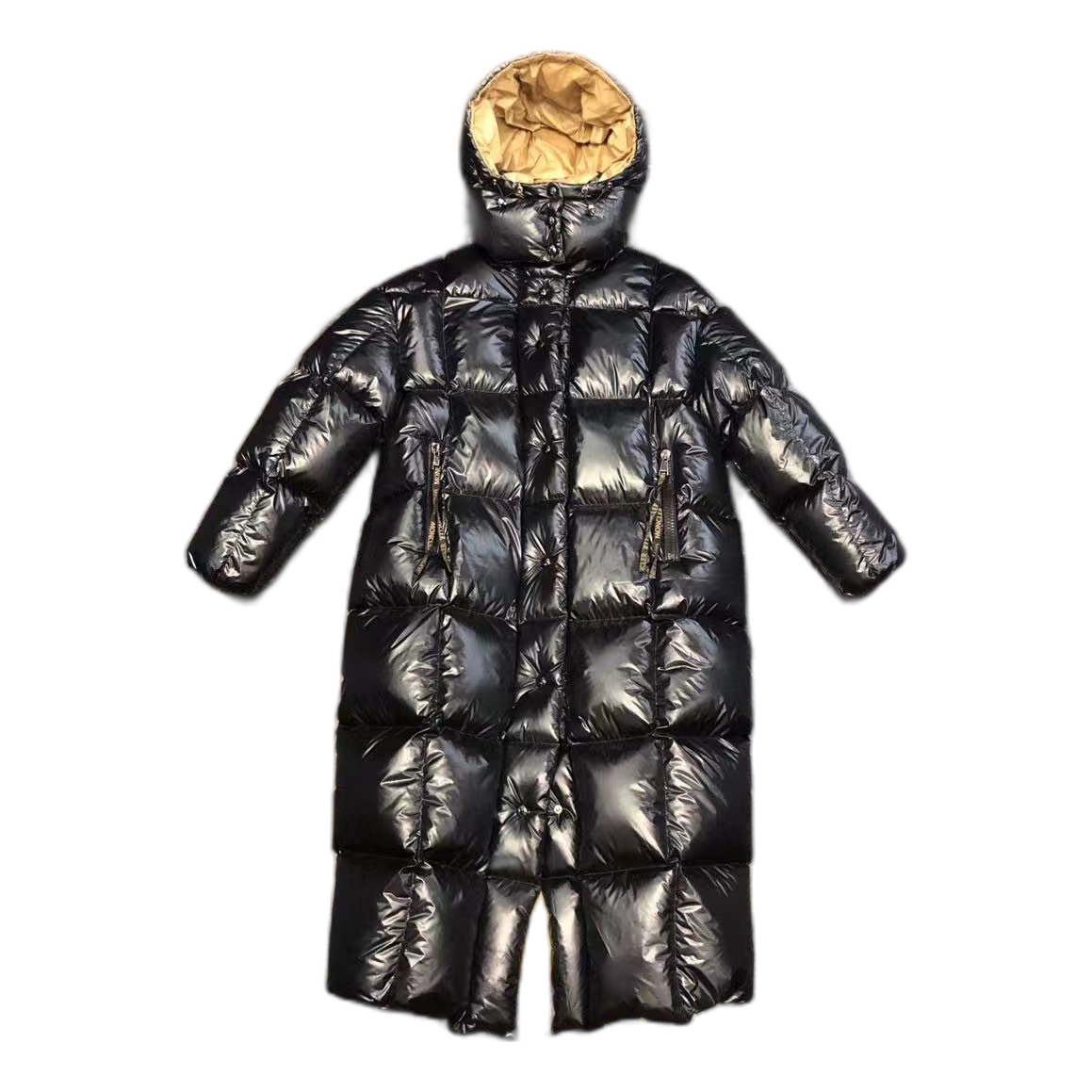 Moncler Gold-Lined Glossy Long Down Puffer Coat – Black