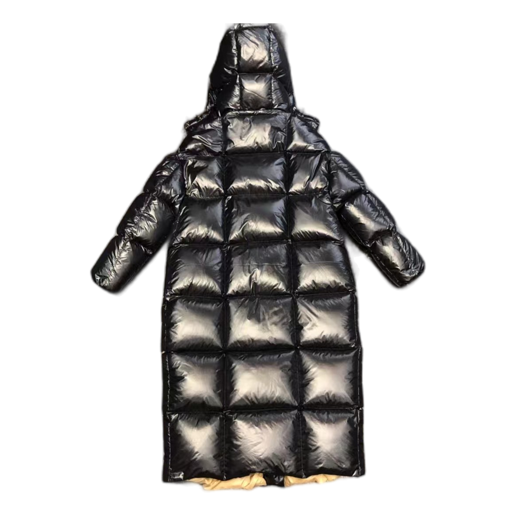 Moncler Gold-Lined Glossy Long Down Puffer Coat – Black