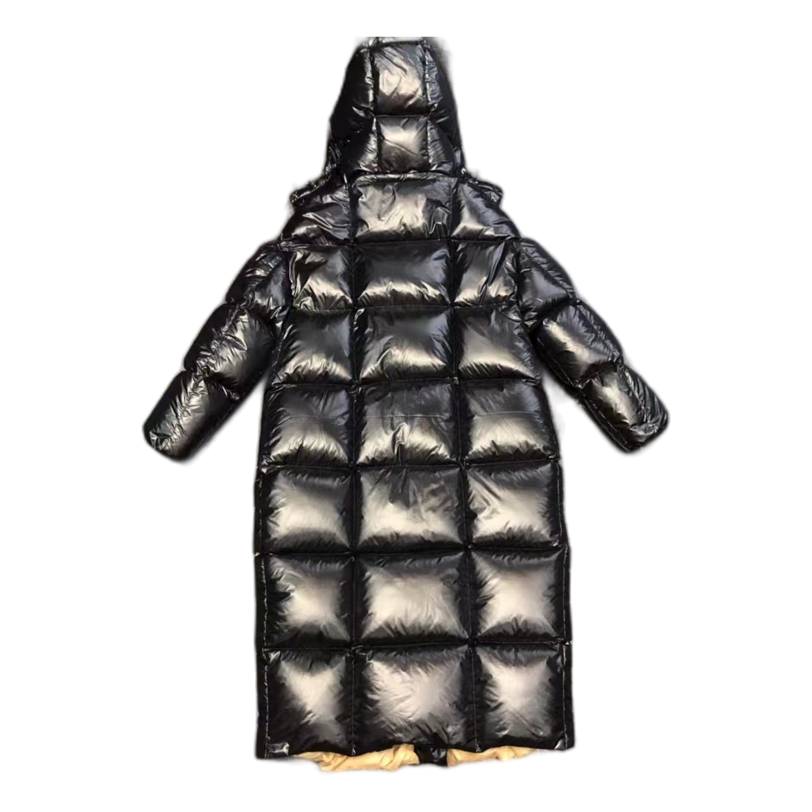 Moncler Gold-Lined Glossy Long Down Puffer Coat – Black