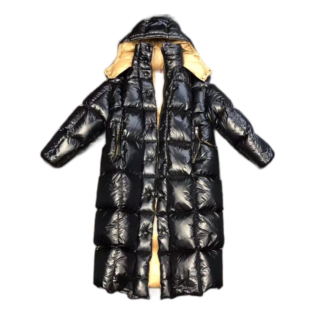 Moncler Gold-Lined Glossy Long Down Puffer Coat – Black