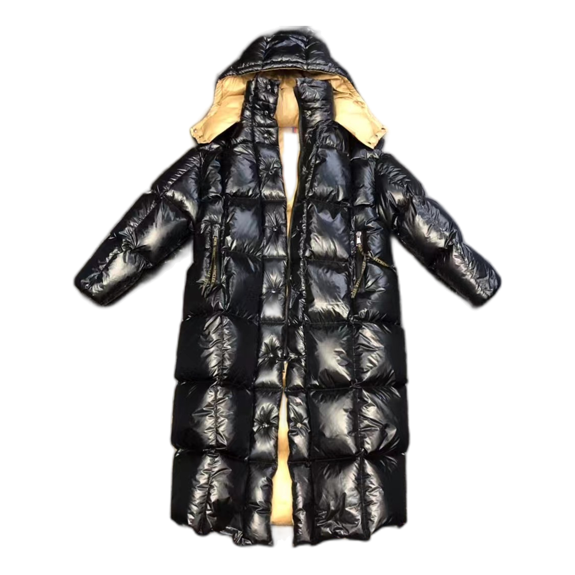 Moncler Gold-Lined Glossy Long Down Puffer Coat – Black
