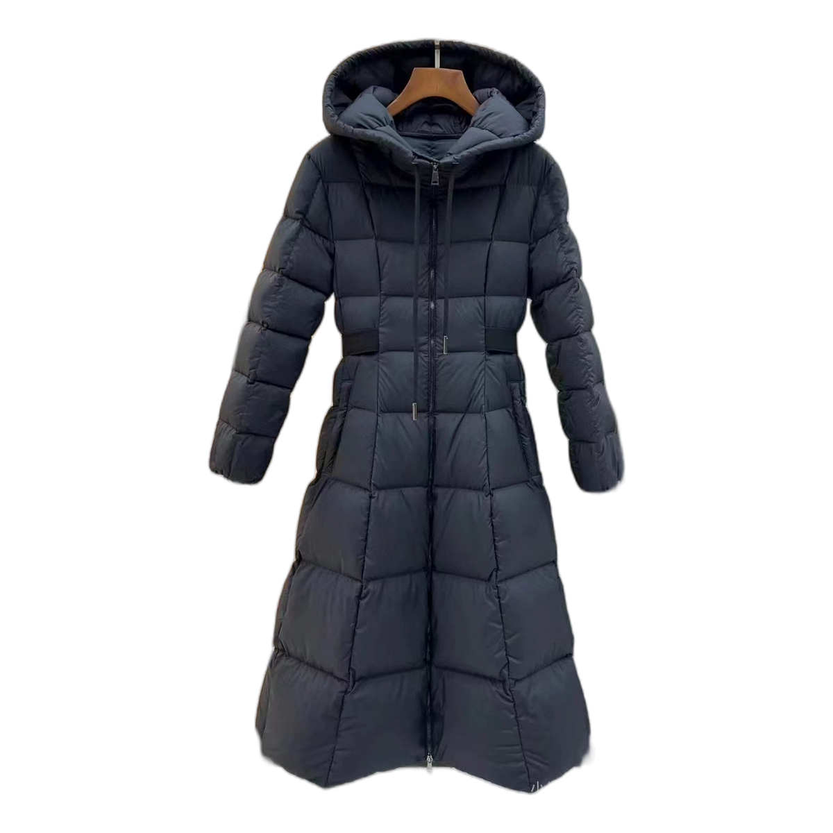 Moncler Drawstring-Hood Fitted Long Down Puffer Coat – Black