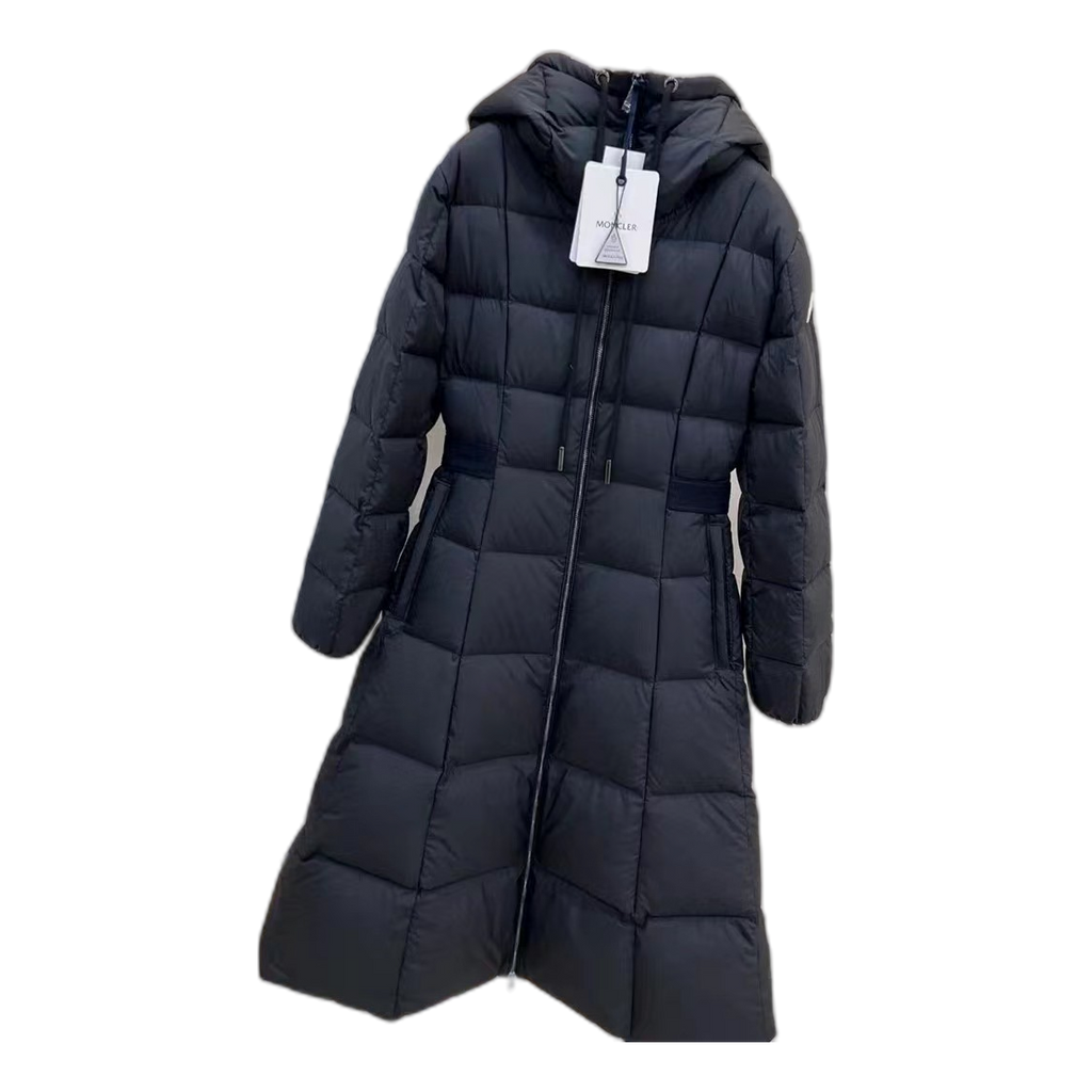 Moncler Drawstring-Hood Fitted Long Down Puffer Coat – Black