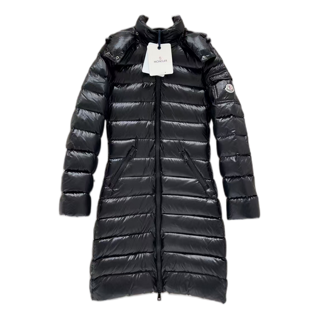 Moncler Narrow-Quilt Fur-Trim Hooded Long Down Puffer Coat – Black