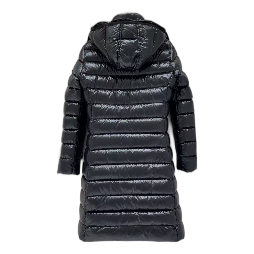 Moncler Narrow-Quilt Fur-Trim Hooded Long Down Puffer Coat – Black