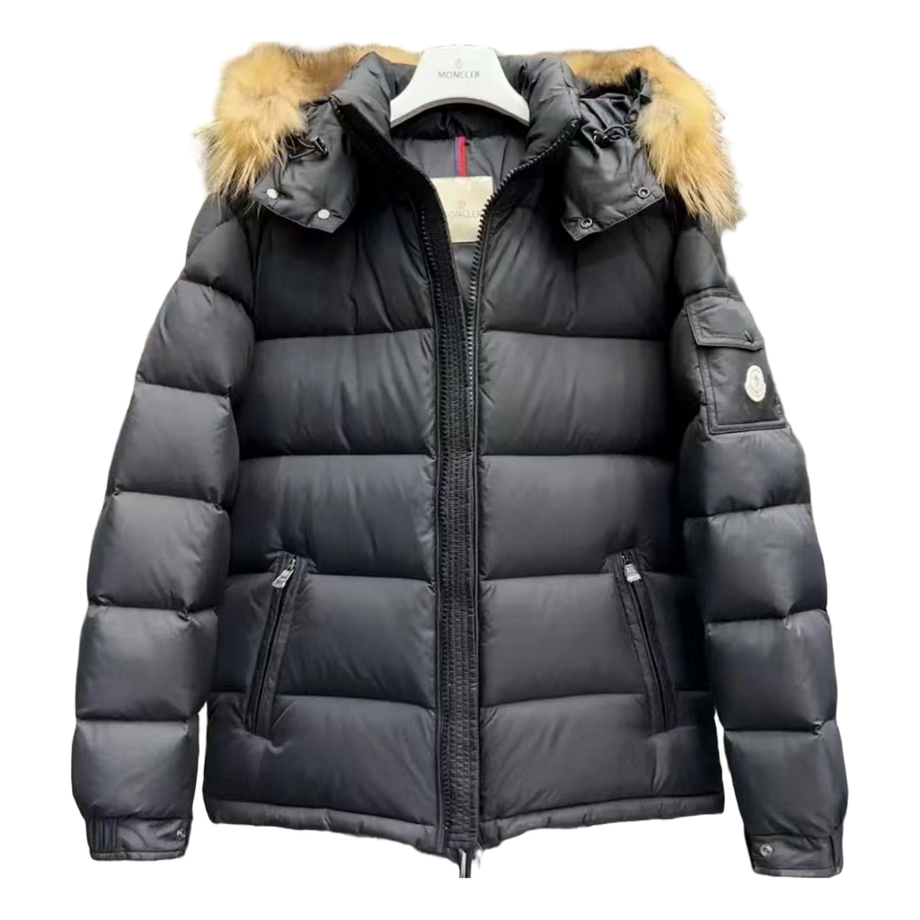 Moncler Fur-Trim Hooded Down Puffer Jacket – Black