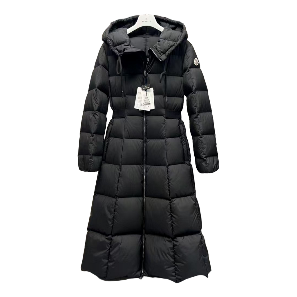 Moncler Fitted Long Hooded Down Puffer Coat – Black
