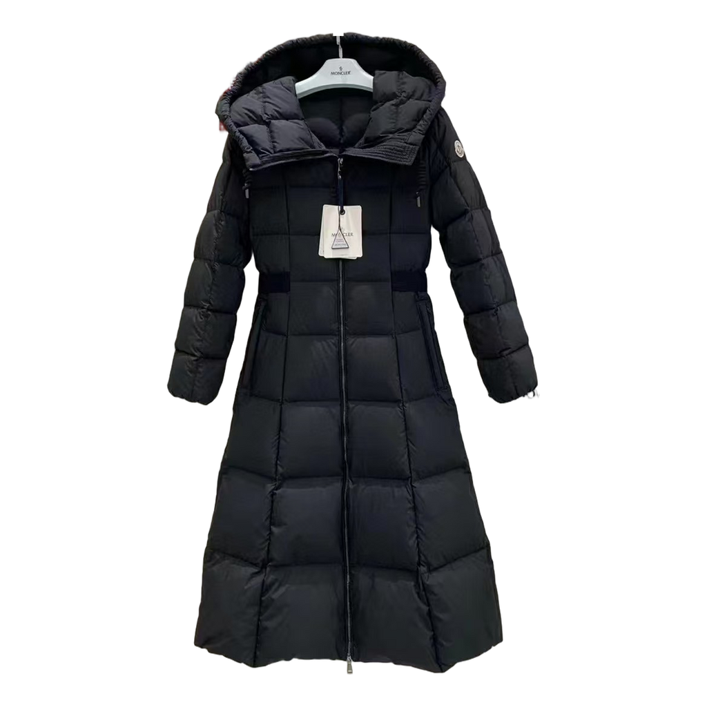 Moncler Fitted Long Hooded Down Puffer Coat – Black