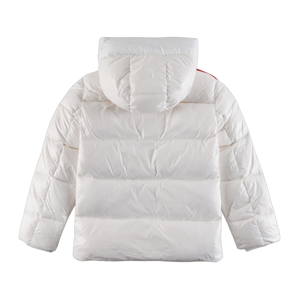 Moncler Tricolour Sleeve-Stripe Hooded Down Puffer Jacket – White