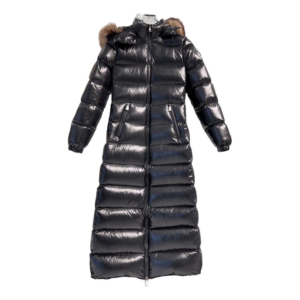 Moncler Glossy Fur-Trim Hooded Long Down Puffer Coat