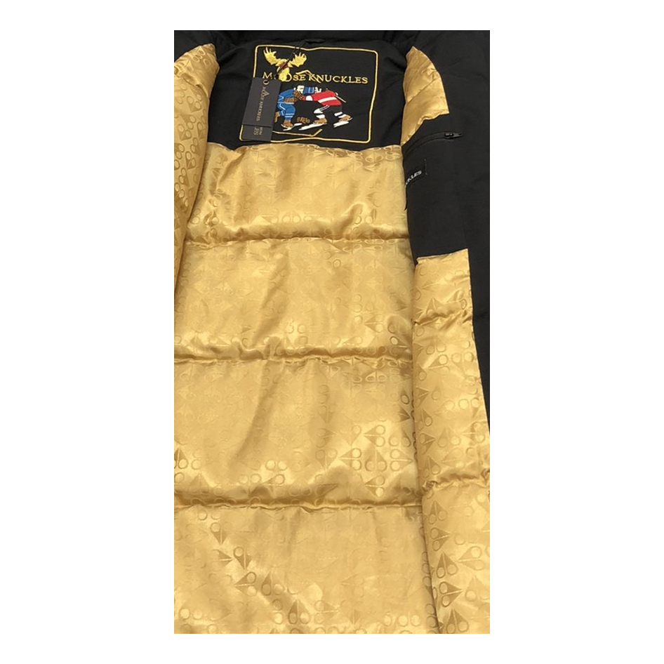 Moose Knuckles Gold-Lined Fur-Trim Long Parka – Black