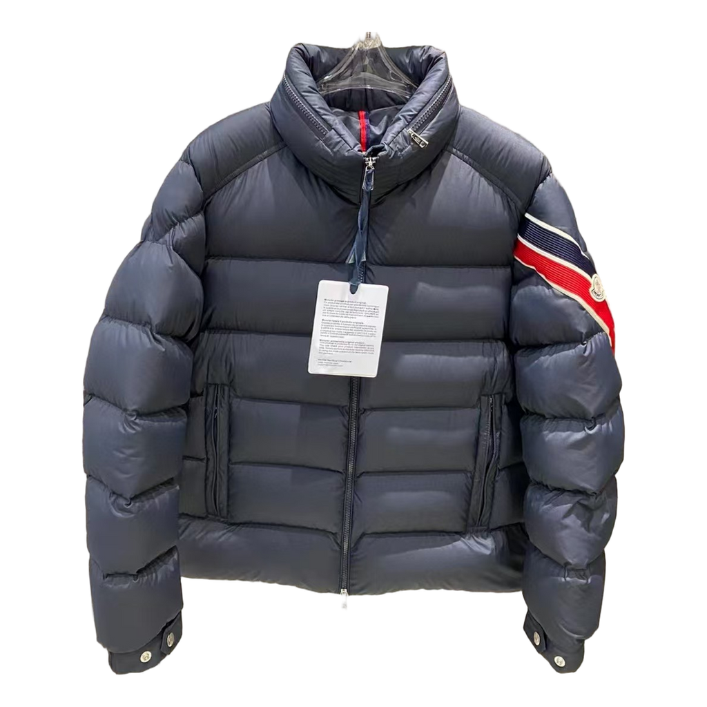 Moncler Tricolour Sleeve-Band Stand-Collar Down Puffer Jacket – Navy