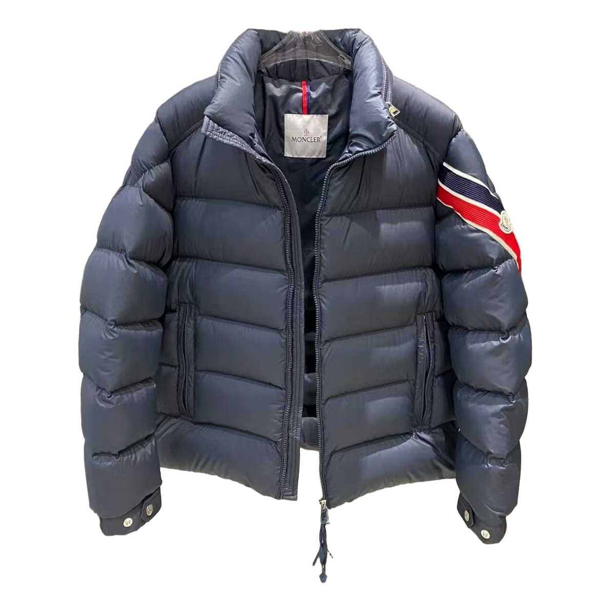 Moncler Tricolour Sleeve-Band Stand-Collar Down Puffer Jacket – Navy
