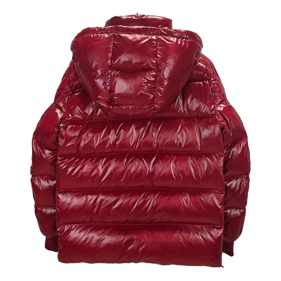 Moncler Logo-Zip Glossy Hooded Down Puffer Jacket – Red