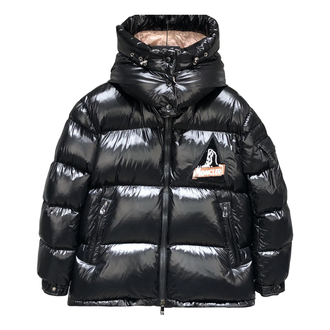 Moncler Mountain-Badge Glossy Short Down Puffer Jacket – Black