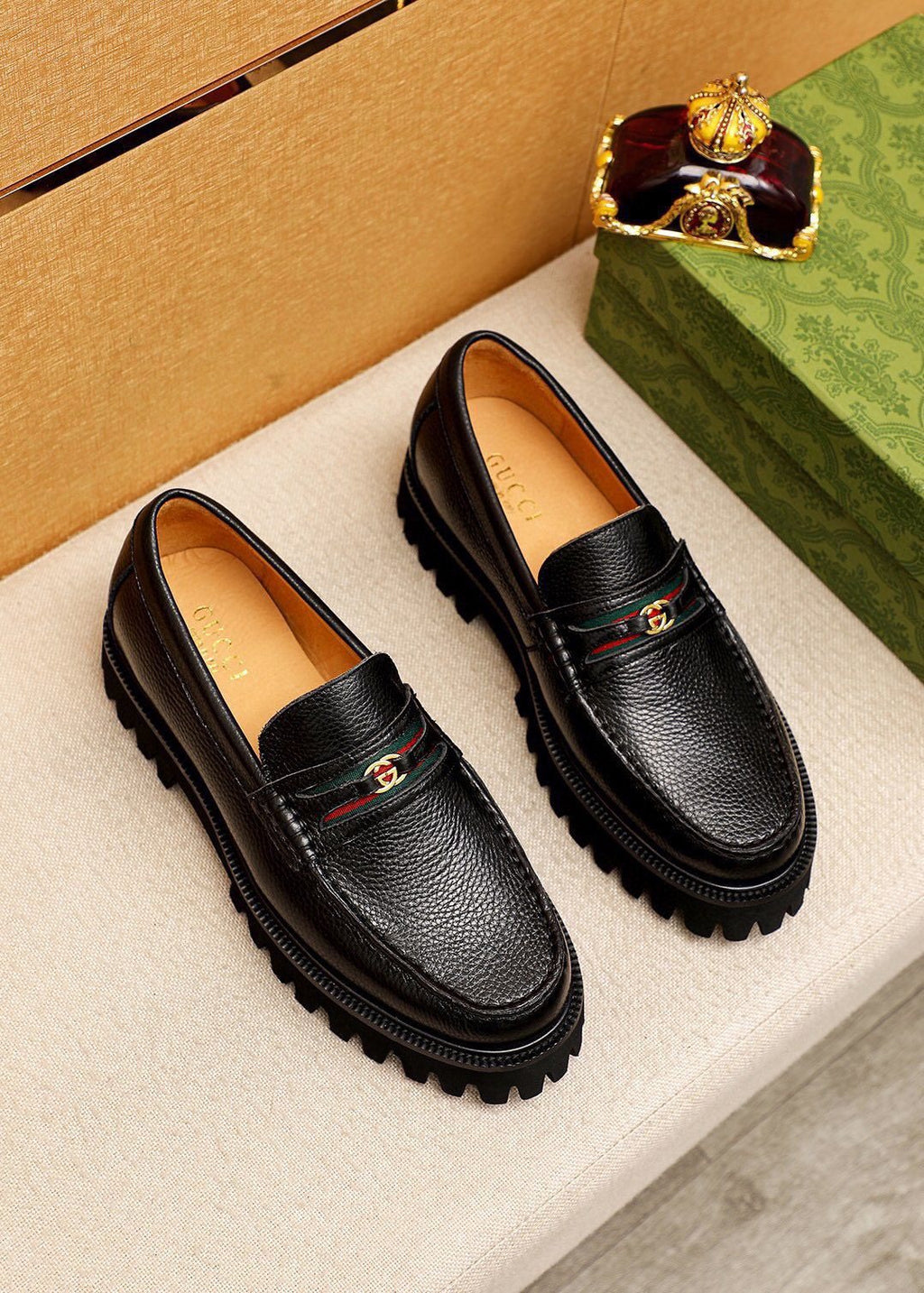 Gucci Black Metal-Bit Lug Sole Loafers