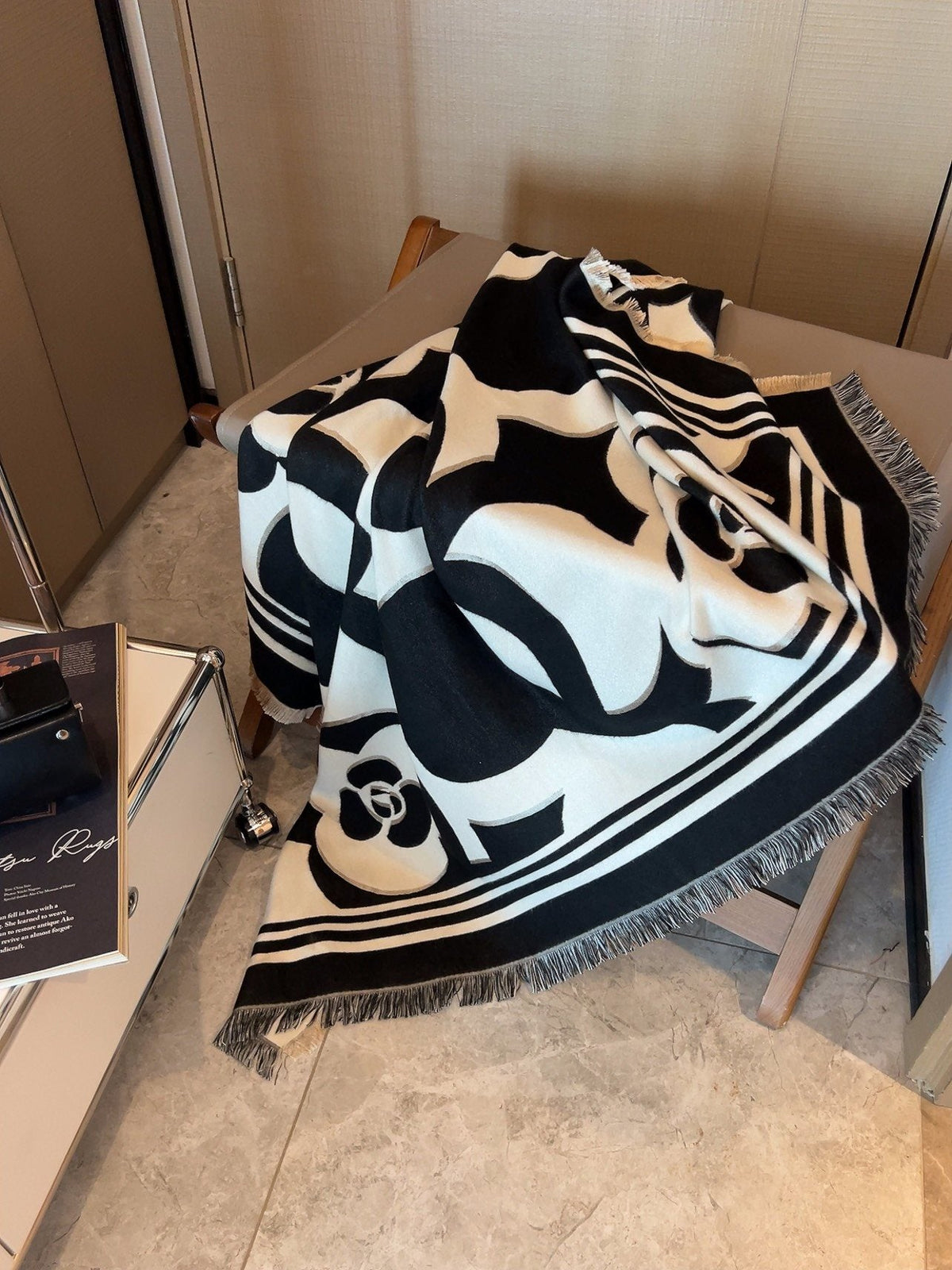 Chanel Black & Ivory Floral Scarf