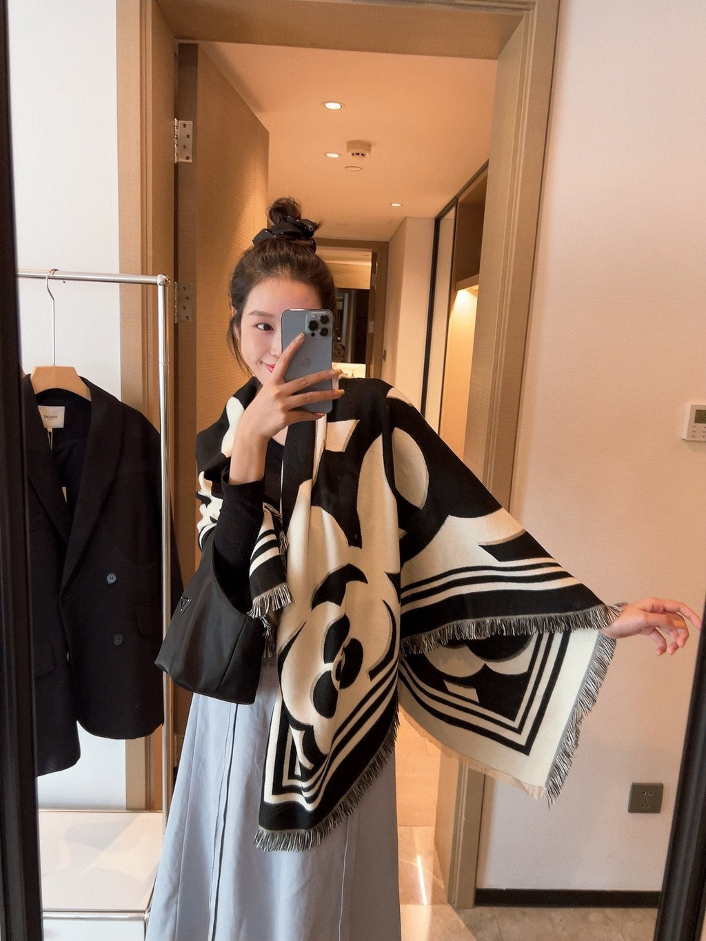 Chanel Black & Ivory Floral Scarf