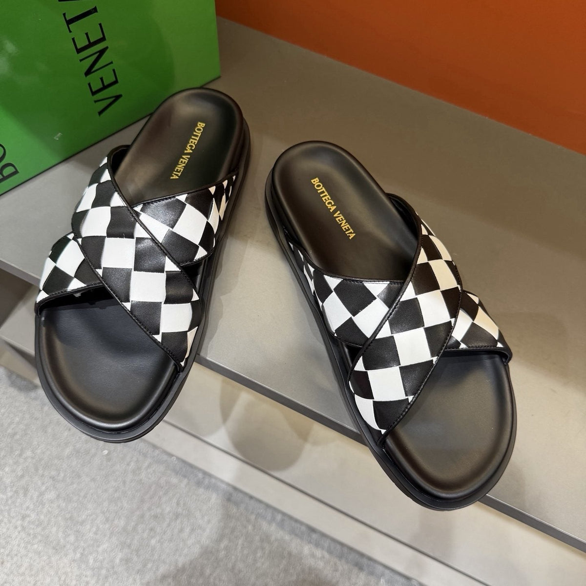 Bottega Veneta Men's Woven Checkerboard Slide Sandals - Black and White