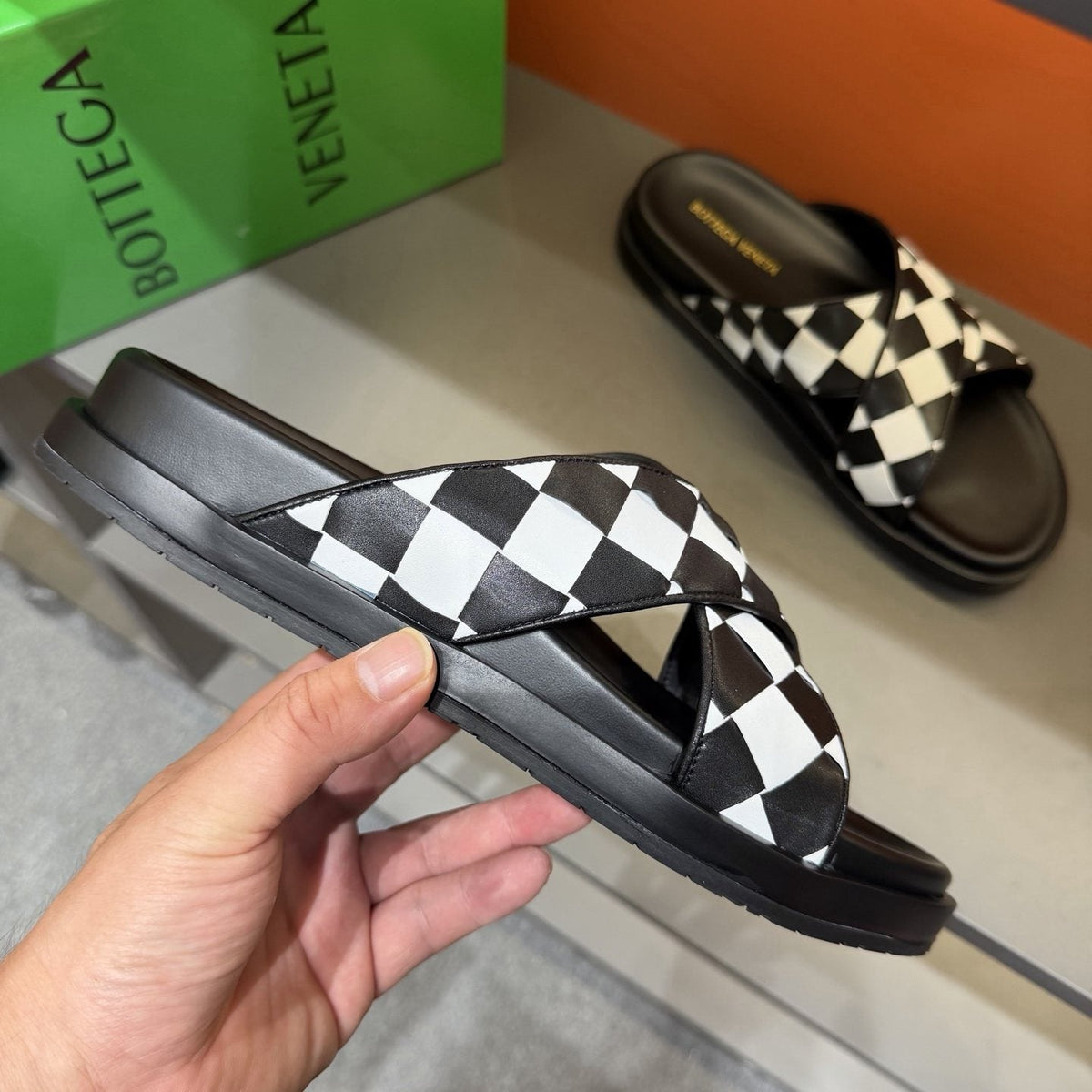 Bottega Veneta Men's Woven Checkerboard Slide Sandals - Black and White